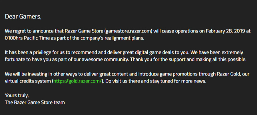 Сообщение Razer о закрытии магазина игр
