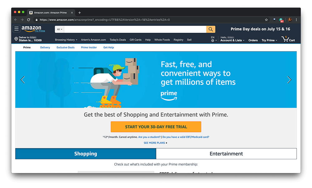 Скриншот о доставке Amazon Prime